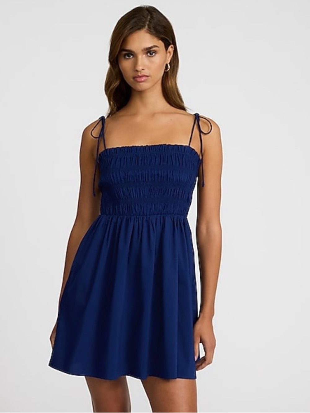 Express square neck tie strap smocked mini dress in navy size large